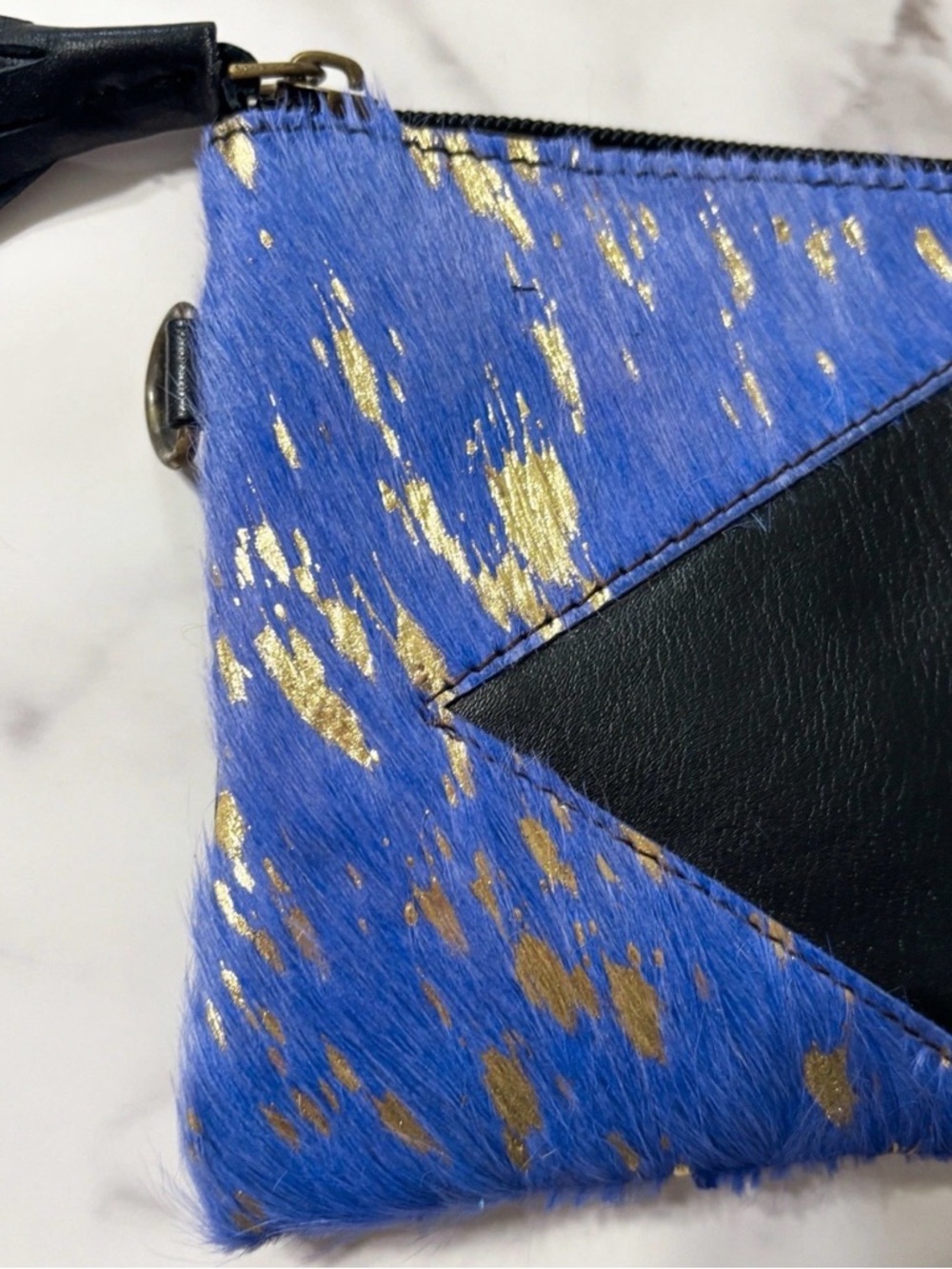 NEW Leather Hair-On Hide Wristlet Clutch Blue Gold Foil Leather Tassel Western - Picture 4 of 6